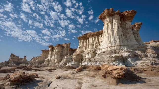 Eroded sandstone formations under a partly cloudy sky