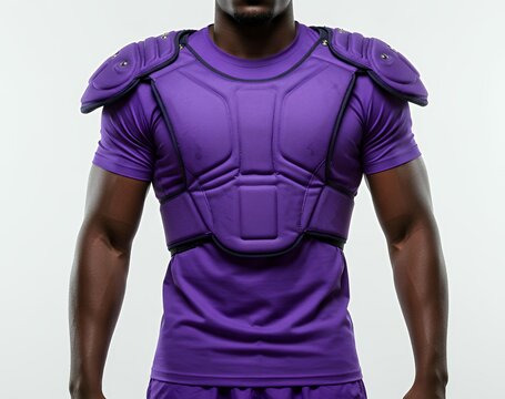 Front view purple padded athletic chest and shoulder protector with reinforced armor panels for rugby football contact sports training