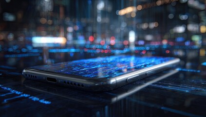 Futuristic smartphone in a city backdrop, digital data overlay