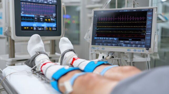 Medium shot highlighting patients legs secured on tilttable with clinician monitoring ECG display emphasizing assessment of longCOVID autonomic issues.