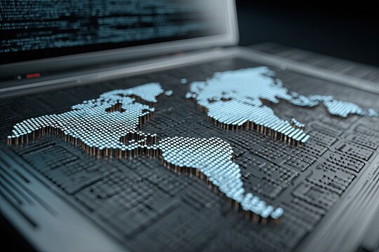 World map overlaid on a computer circuit board