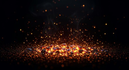 Glowing hot ember coals with sparks and bokeh particles on black background abstract fire concept