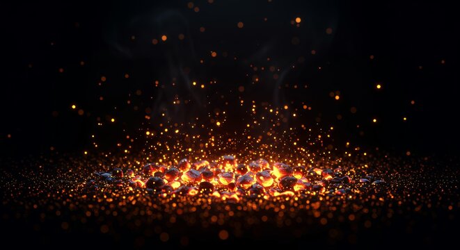 Glowing hot ember coals with sparks and bokeh particles on black background abstract fire concept