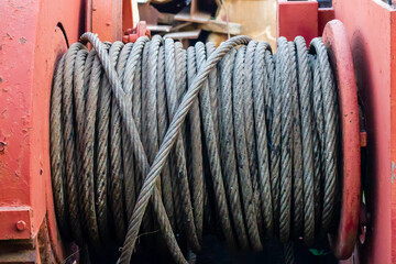 Coiled Steel Cable on Industrial Machine in Outdoor Construction Site