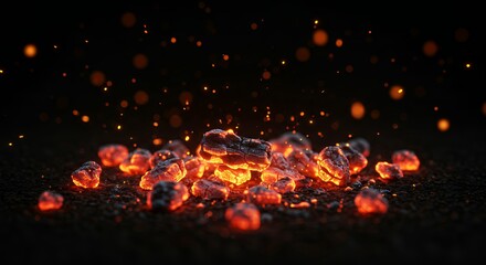 Bright glowing hot charcoal embers with scattered sparks and orange bokeh atmospheric dark fire background