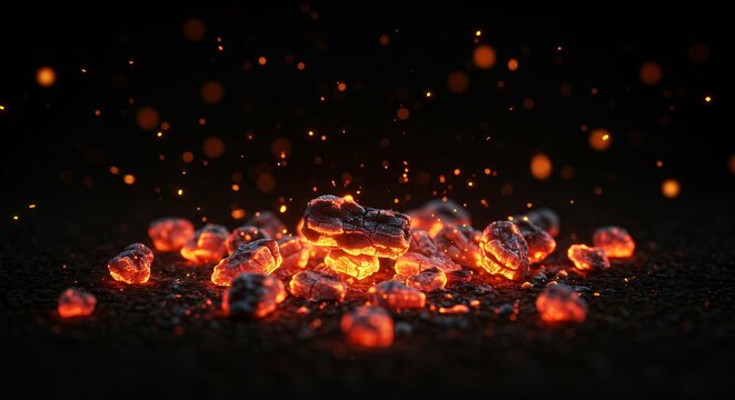 Bright glowing hot charcoal embers with scattered sparks and orange bokeh atmospheric dark fire background - Powered by Adobe
