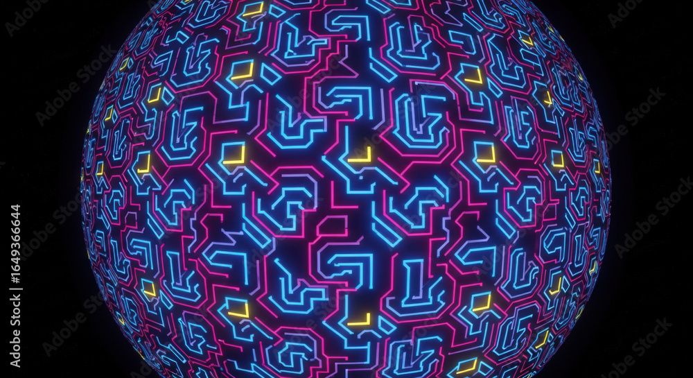 Poster abstract globe with intricate circuit board patterns in vibrant neon colors against a black backgrou