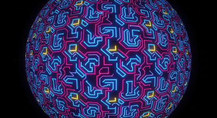 Abstract Globe with Intricate Circuit Board Patterns in Vibrant Neon Colors Against a Black Background, Representing Technology and Interconnectivity
