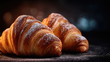 Two golden croissants dusted with powdered sugar