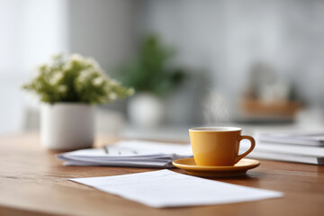 Fototapeta premium ultrabright table setting featuring invoice with blurred white text bars minimalist books and steaming cup of