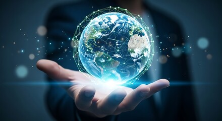 Obraz premium Hand holding glowing digital Earth with interconnected network lines and light particles against a dark background