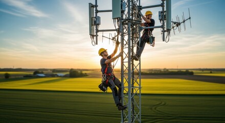 Technicians climbing an RF antenna tower in the farm wearing safety gear demonstrating routine checks and equipment servicing.