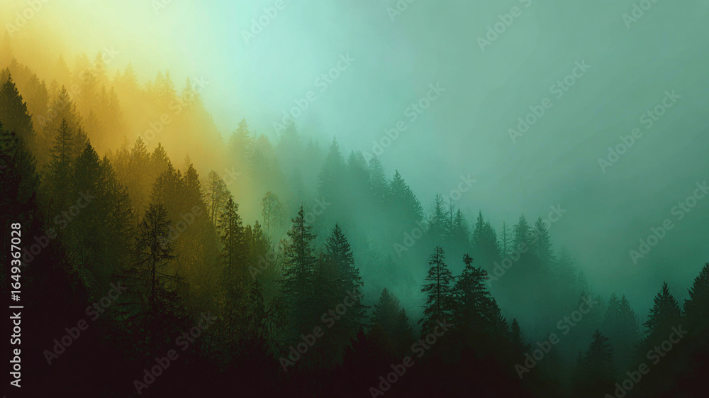 Aufkleber serene forest landscape with gradient of forest green and golden light leak creates mystical atmosph
