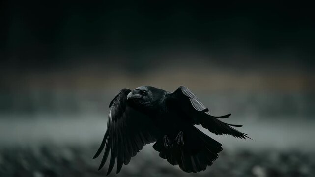 Slow motion video of black raven in flight. Majestic crow with spread wings soaring over dark background. Wildlife nature footage of mysterious corvid bird