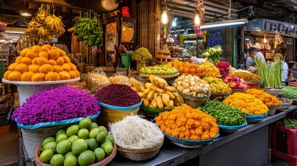 Obraz premium Vibrant Market Display of Fresh Fruits and Colorful Vegetables in an Asian Street Market