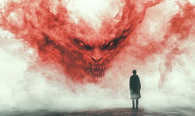 A lone figure confronts a monstrous, red-smog demon
