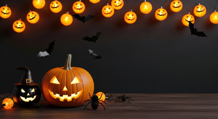 Enchanting Halloween Night Scene with Glowing Pumpkins, Bats, and Spiders on a Wooden Surface Against a Dark Backdrop, Creating a Festive and Eerie Atmosphere