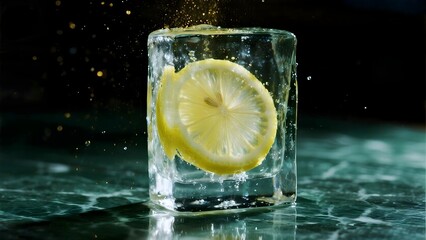 Hyperrealistic floating crystal ice cube with suspended lemon slice, ultra-detailed water droplets, gold dust particles, cinematic lighting on dark teal marble, 8K