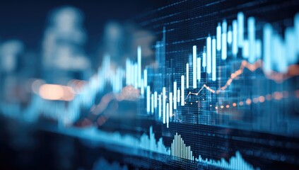 Financial data displayed on a screen. Blurry cityscape background