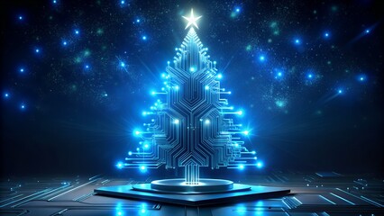Futuristic Christmas Tree with Glowing Lights and Star on a Platform