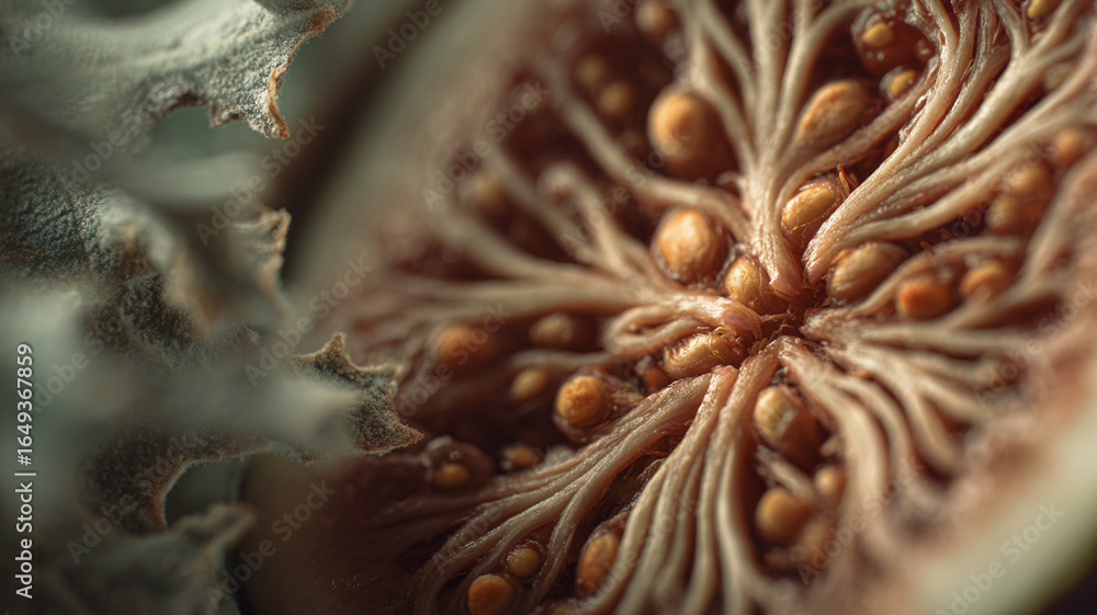 Poster close up of fig interior reveals intricate seed patterns and textures, showcasing natural beauty and