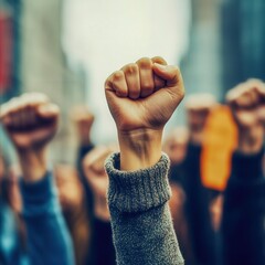 group of protesters holding fists up in solidarity, urban background, , powerful imagery