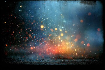 Glowing, colorful sparks against a dark, textured background