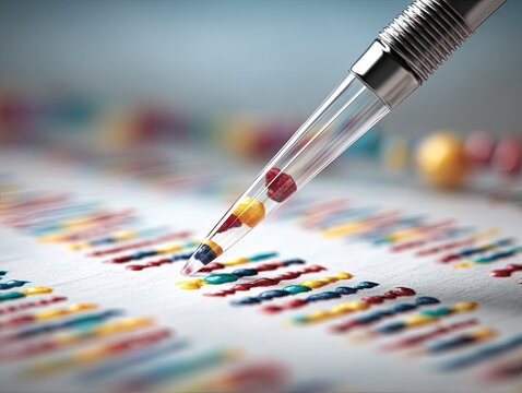 Colorful genetic sequencing analysis.  A pipette targets colored markers on a genetic sequence