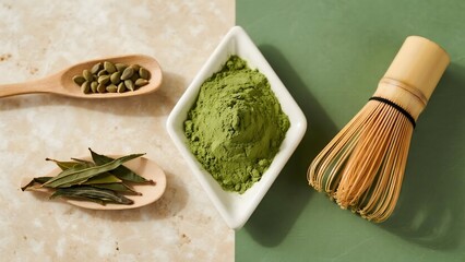 Minimalist flat lay of matcha powder, whole tea leaves and bamboo whisk on light beige stone with calculated negative space, overhead shot with f/2.8 shallow depth of field