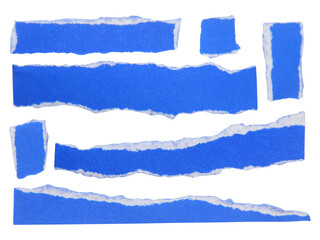set of pieces of torn or cut blue paper, design elements isolated on white background.
