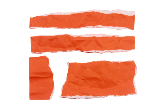 set of pieces of torn or cut orange paper, design elements isolated on white background.