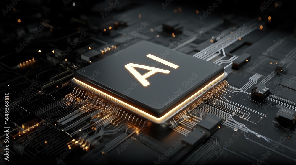 Poster advanced ai microchip with illuminated circuits on sleek black motherboard, perfect for technology t