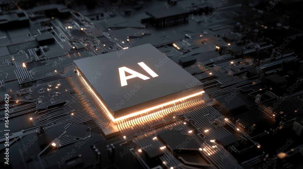 Poster futuristic ai processor with glowing connections on dark circuit board, ideal for technology visuals