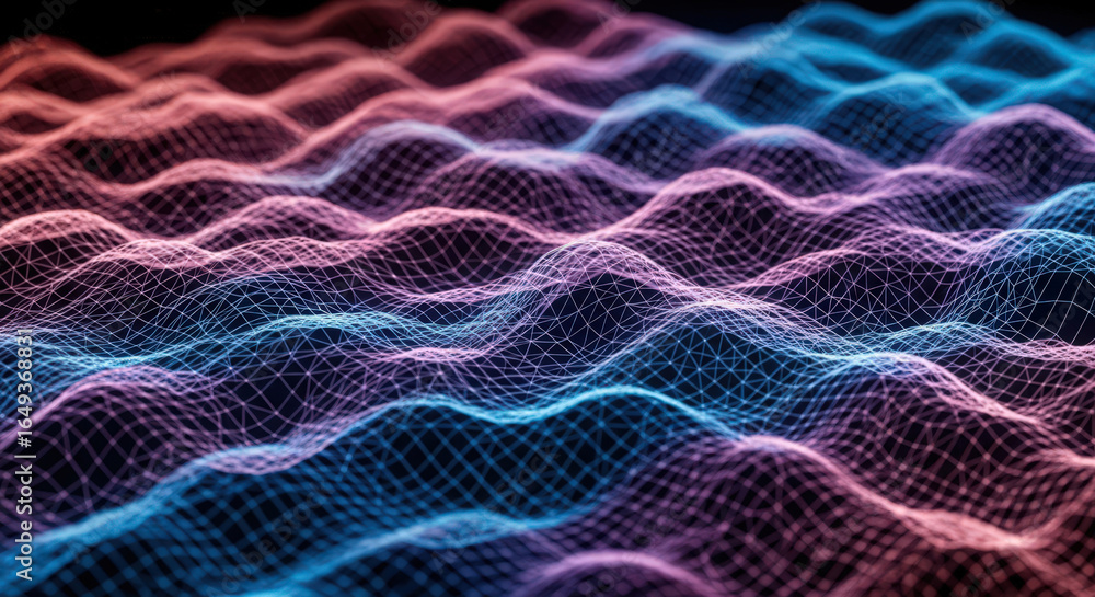 Fototapete abstract network mesh with interconnected nodes and wavy surface for data visualization and futurist