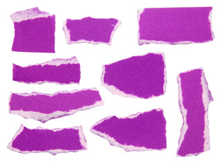 Pieces of torn or cut purple paper, design elements isolated on white background.