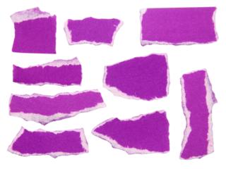 Pieces of torn or cut purple paper, design elements isolated on white background.