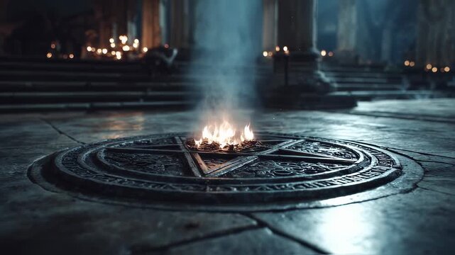 Mystical flame burning in circular engraved stone altar. Ancient ritual site with candles in dark temple. Fantasy, magic, or occult concept for movie or game scene.