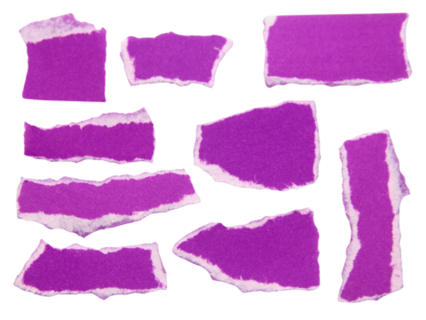 Pieces of torn or cut purple paper, design elements isolated on white background.