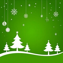 Christmas tree silhouettes on a green background with snowflakes