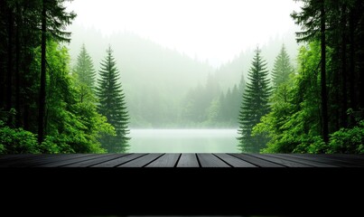 A dark wooden deck or platform overlooks a misty lake surrounded by lush green forest
