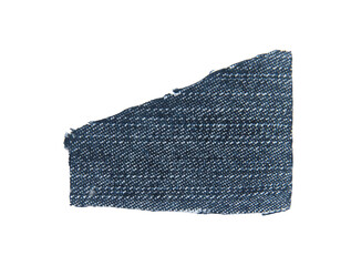 scraps of blue jeans piece texture isolated on white background.