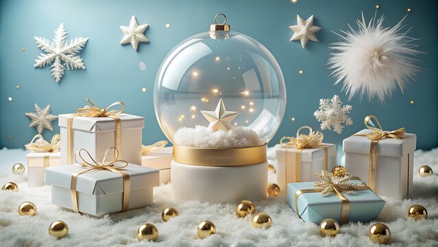 Elegant Christmas Gift Display with Snow Globe and Festive Decorations in Soft Lighting - Powered by Adobe