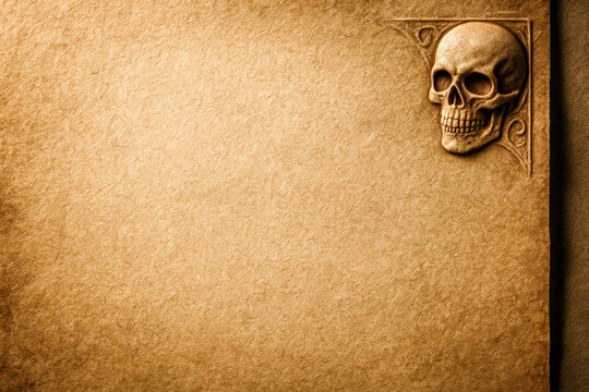 Aged parchment paper background with an embossed skull in the top right corner, decorated with ornate carved details, evoking a fantasy or gothic theme, perfect for spooky invitations, treasure maps