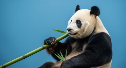 Naklejka premium A portrait of a giant panda munching on bamboo against a cyan blue background showing its fluffy