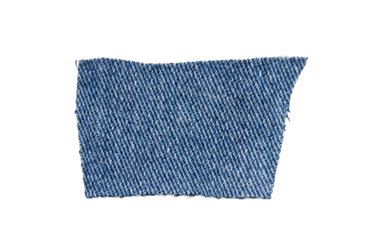 scraps of blue jeans piece texture isolated on white background.