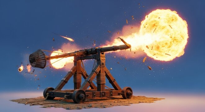 Dramatic depiction of a trebuchet launching a fiery projectile against a blue background