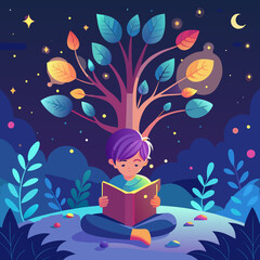 Child Reading a Glowing Book in Enchanted Forest Vector Illustration
