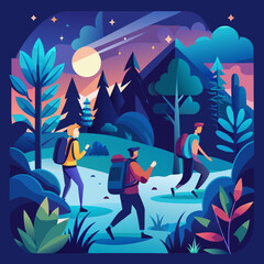 Group Hiking Through Enchanted Forest Vector Illustration