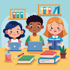 Inclusive Children Studying Together Vector Illustration
