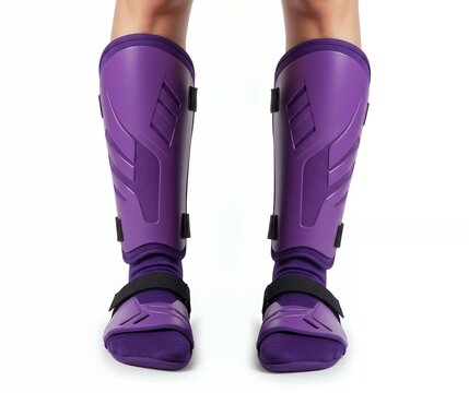 Purple shin guards with molded design and foot protection on athlete in purple socks, front view, complete soccer leg protection gear